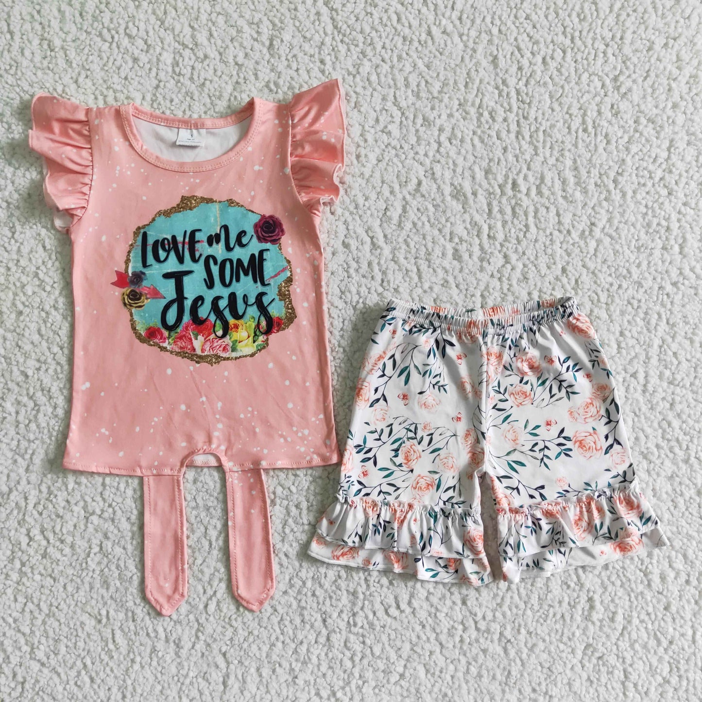 promotion RTS orange pink girls summer clothes Jesus short sleeve flowers print short pants girl outfit 202405