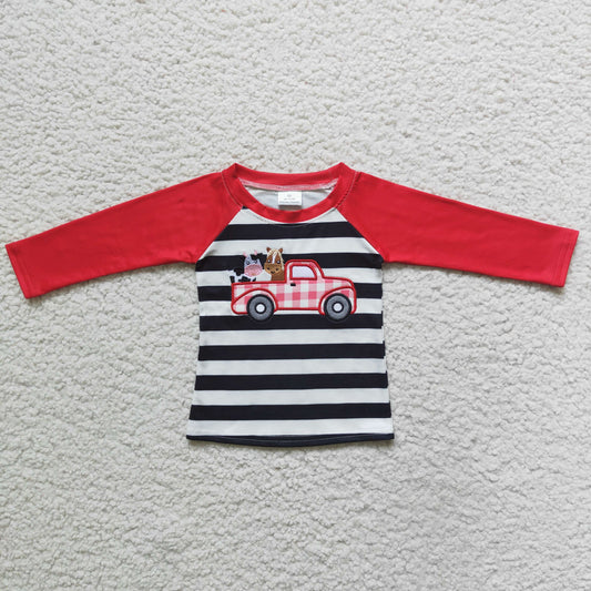 embroidered cow stripe car boy red raglan long sleeve top 0713 RTS