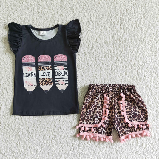 GSSO0117 RTS real pic back to school pencil learn love pink puffy leopard short sleeve shorts girl outfit 0523