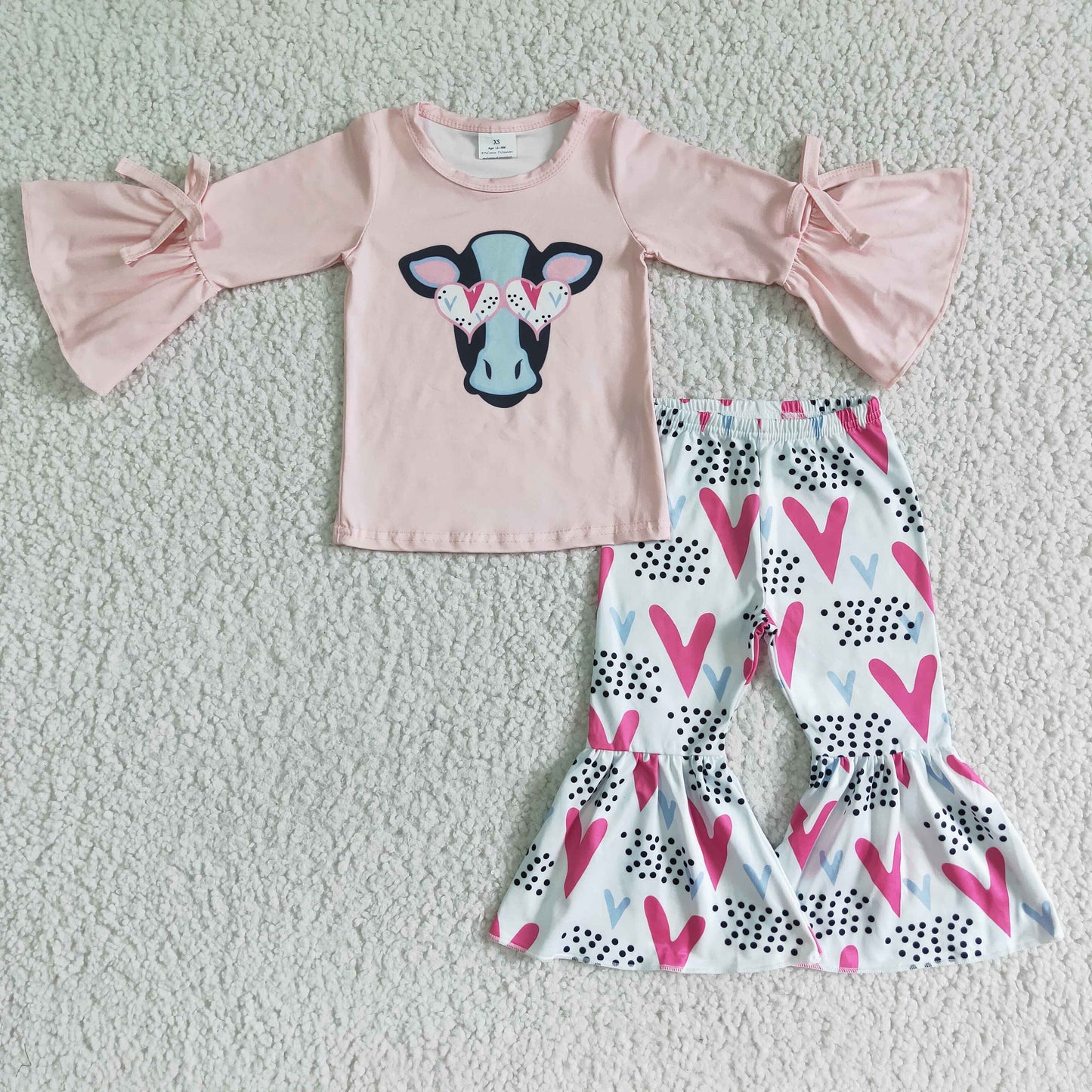 promotion valentine pink cow love girl long sleeve bell bottom pant outfit 0611 rts