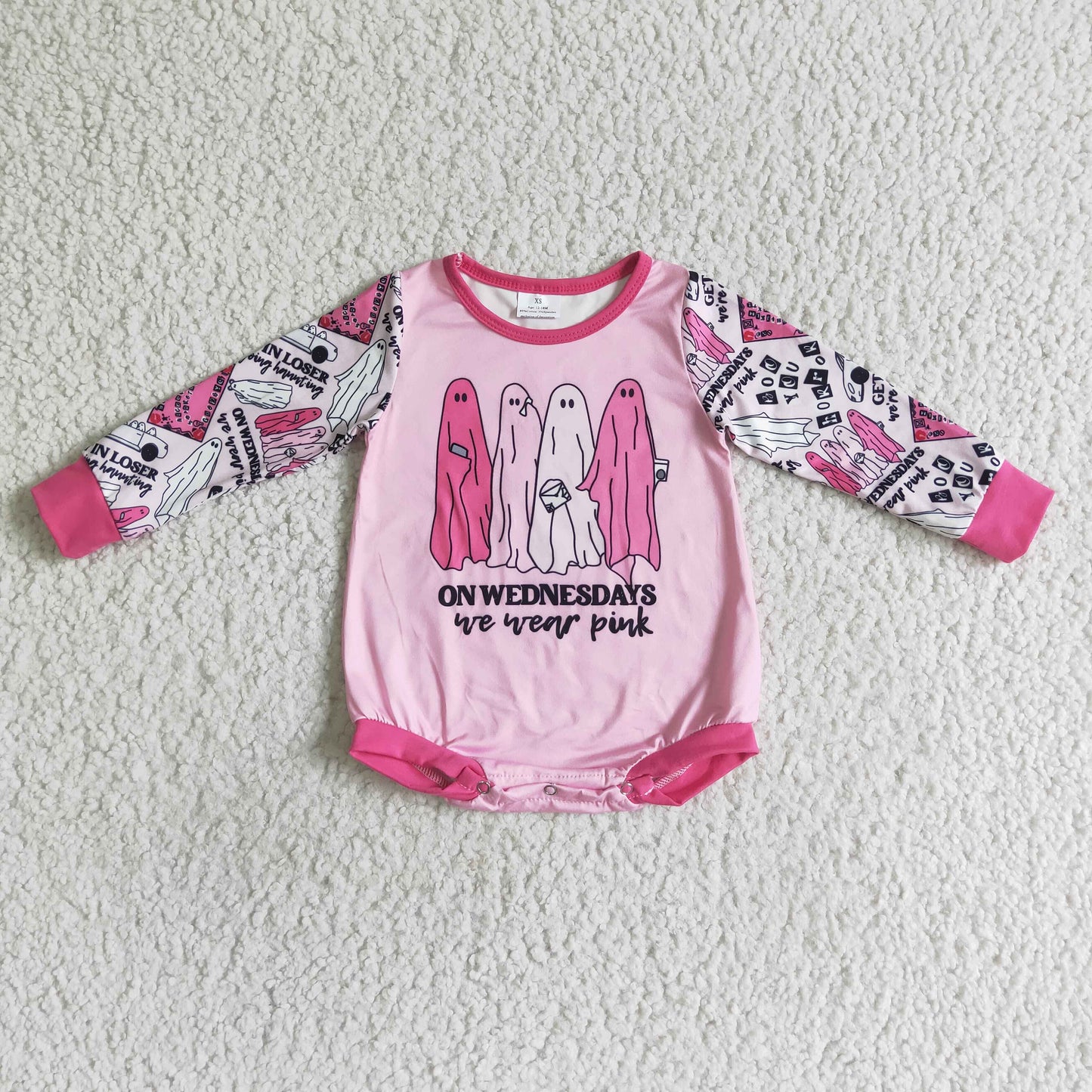 LR0098 halloween pink cartoon boo snap long sleeve girl romper 0817 RTS