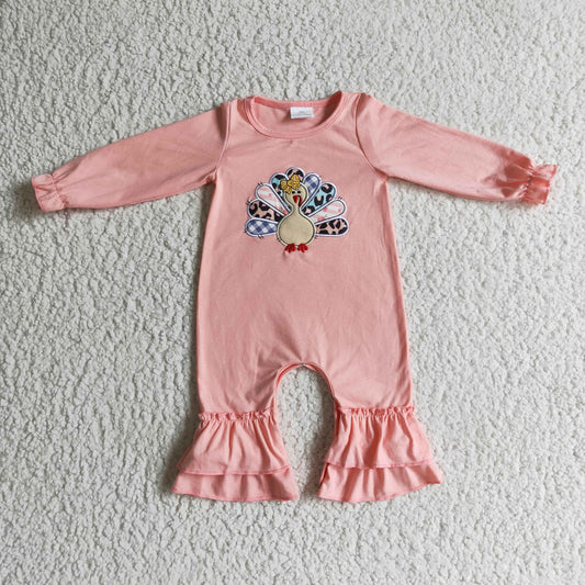 1006 RTS embroidered pink turkey long sleeve leopard girl romper thanksgiving