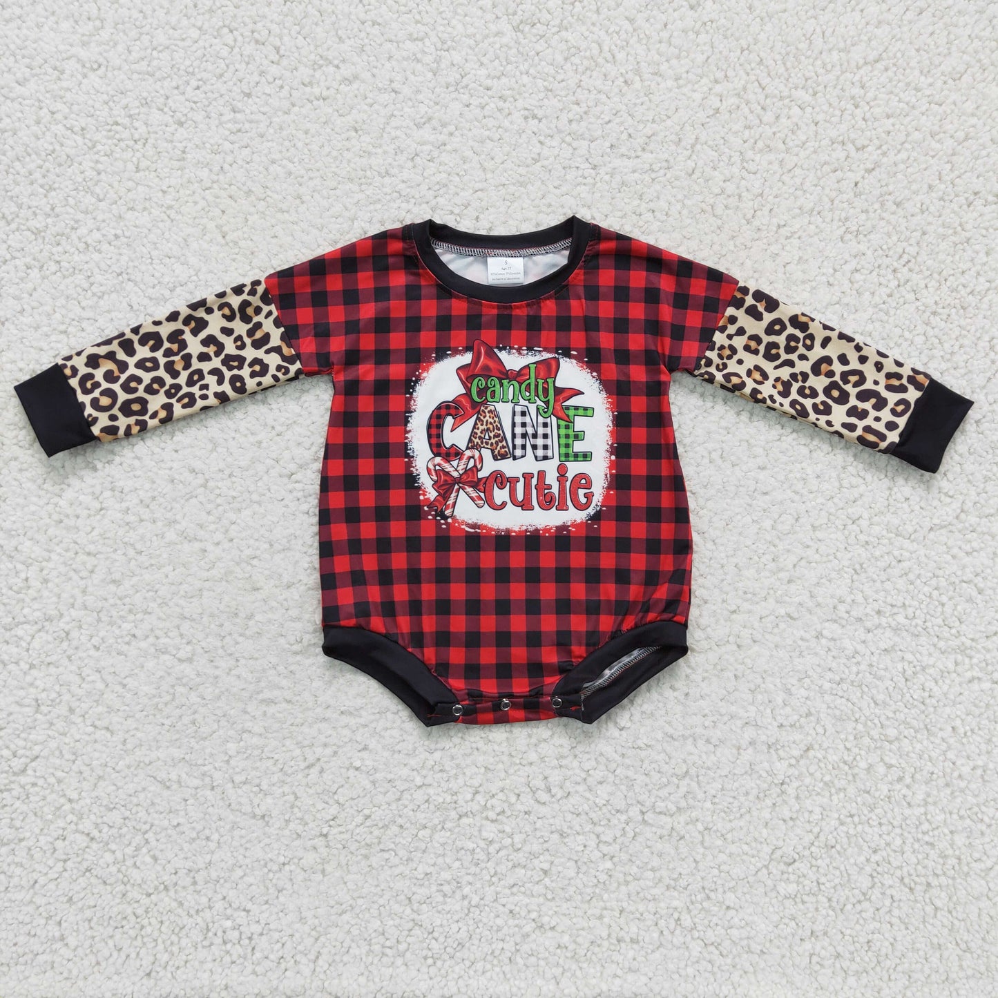 LR0214 RTS girl red plaid christmas cane bubble romper 1118