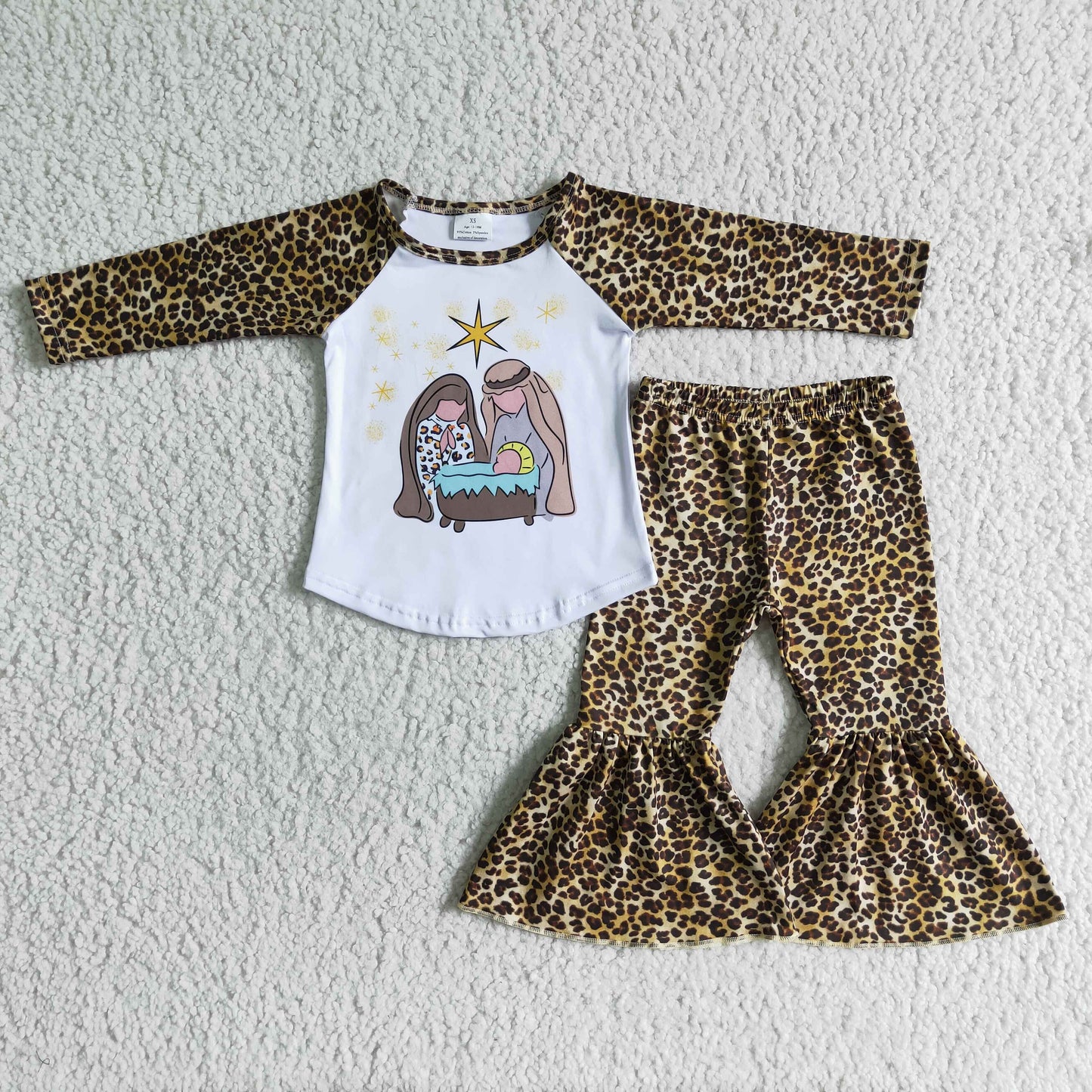 RTS girl leopard print raglan white long sleeve bell bottom pants outfits 0614