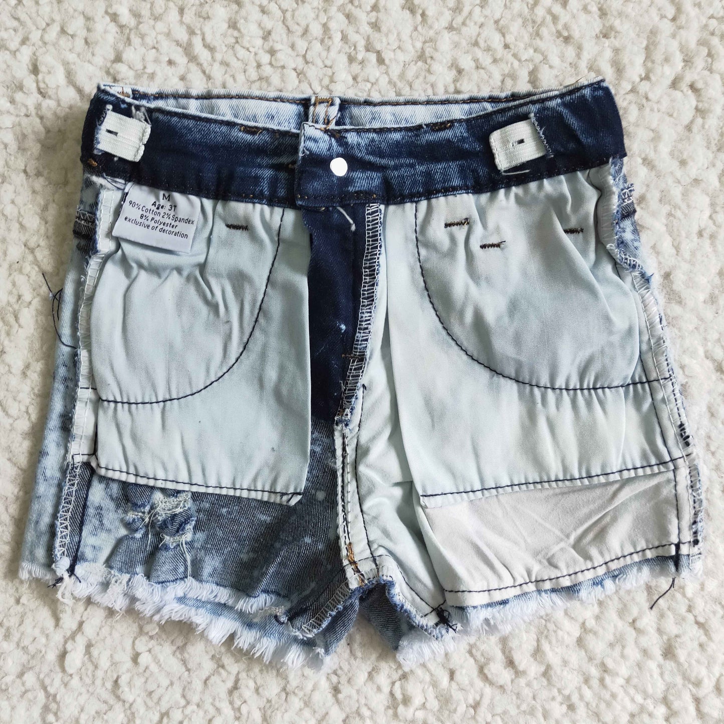 SS0024 pockets button yak calf patch print blue denim shorts RTS 0609