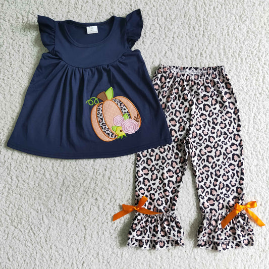 RTS 0719 embroidery blue short sleeve orange pumpkin leopard pants bow girl outfit clothes 0719