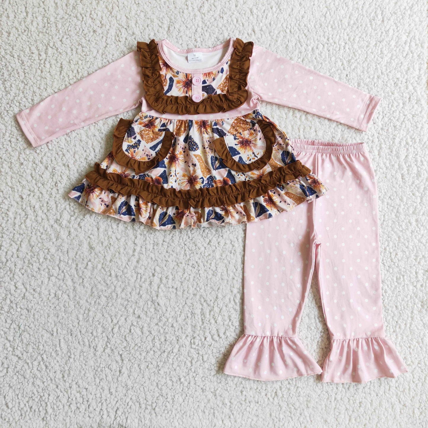 RTS pink ruffle long sleeve brown flower girl outfit 1018