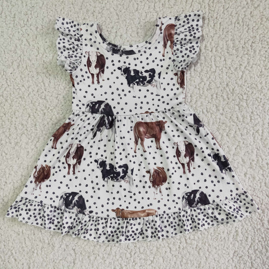 promotion price GSD0072  RTS white black dots cow catle print western design girl puffy dress real pic 0524