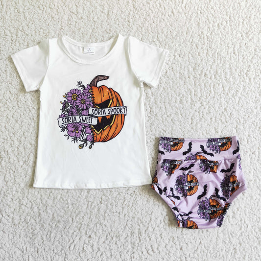 GBO0062 promotion 202409 halloween pumpkin short white top short sleeve bummies shorts girl outfit RTS