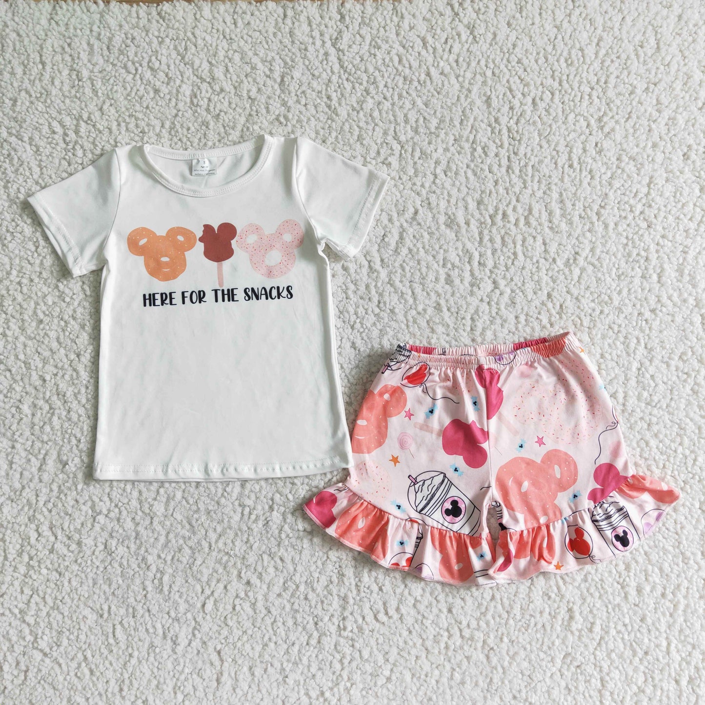 RTS cartoon mouse here for the snacks letters cup white ruffles short sleeve shorts girl outfits 0514