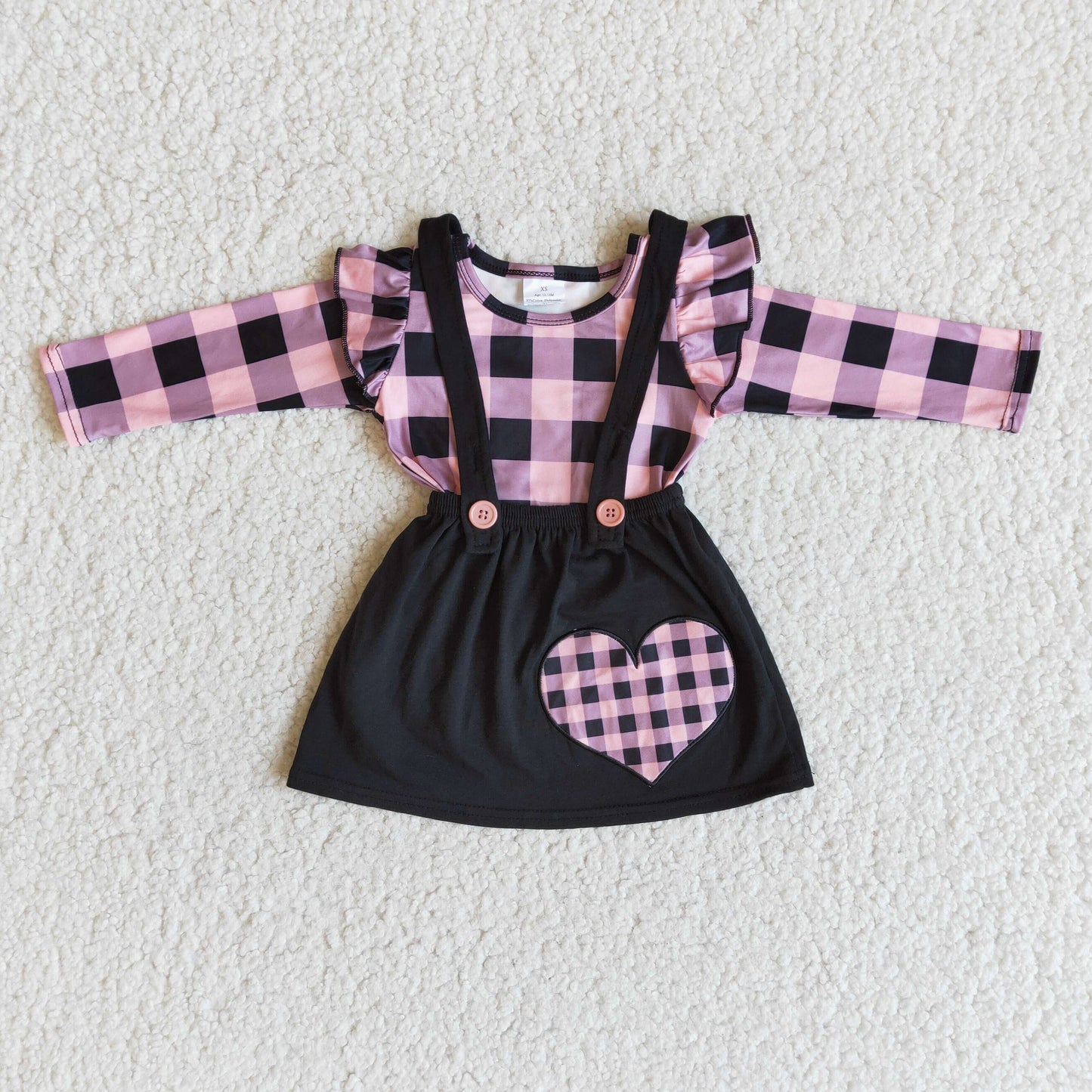 embroidery valentines dress pink black plaid puffy ruffles long sleeve top suspender dress outfit Jan 0102