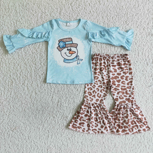 promotion GLP0093 RTS flare long sleeve cartoon snowman leopard long bell bottom pants winter girl outfit