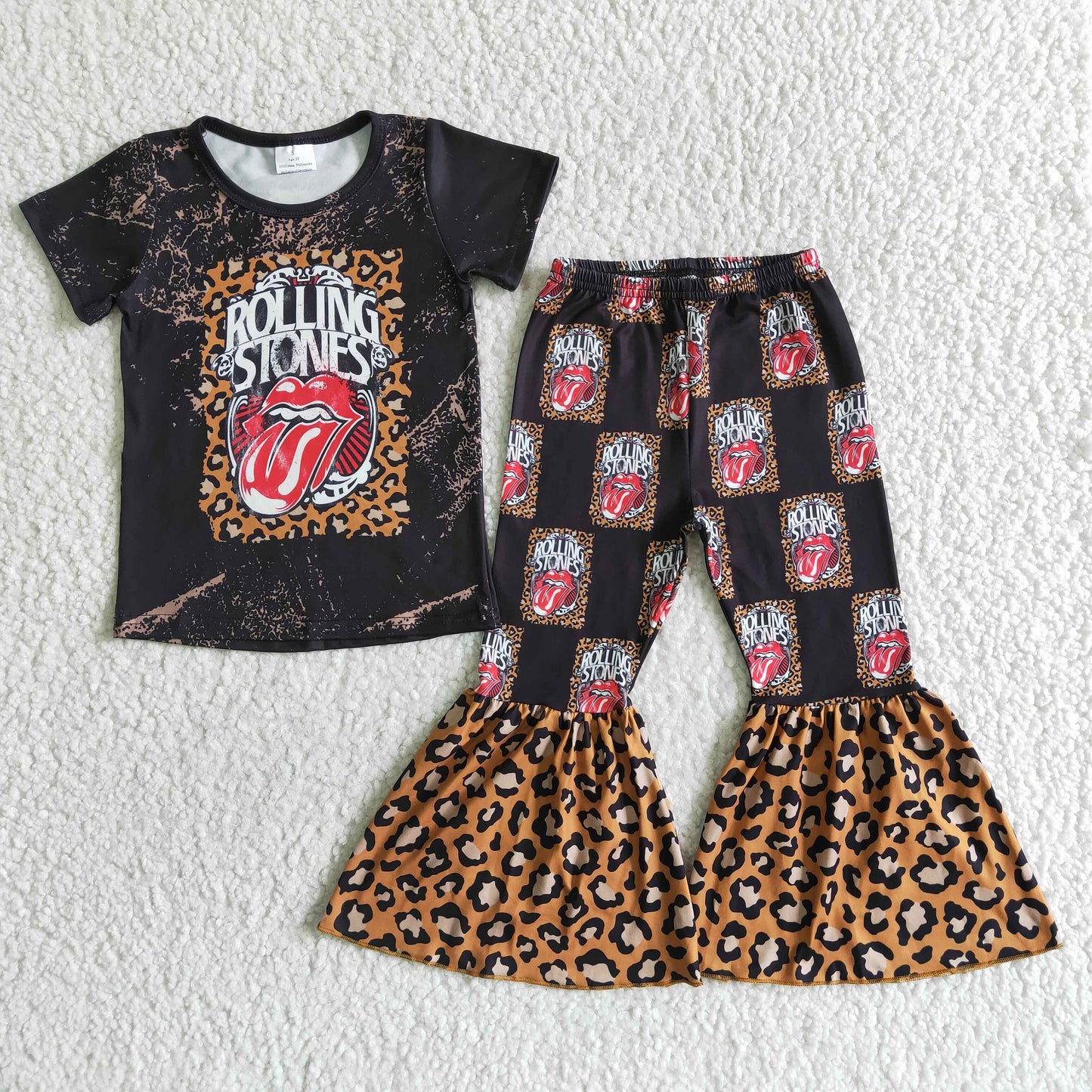 Promotion GSPO0012 music red leopard print tongue black short sleeve bell bottom girl outfit 20230323 RTS
