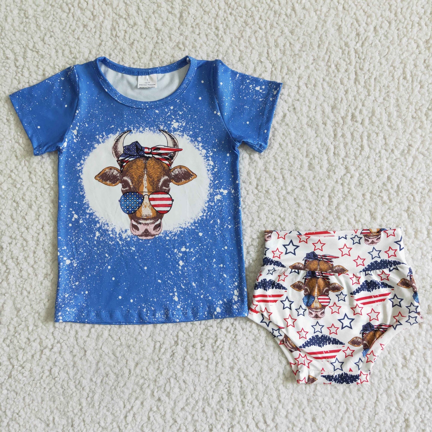 stars glasses 4th of July cow white blue short sleeve bummie set 0408