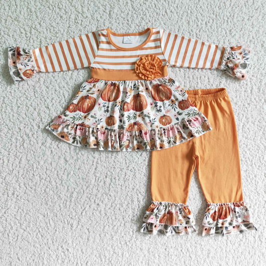 promotion RTS GLP0018 long sleeve orange stripe flower ruffle punpkin Halloween pants girl outfit 0623