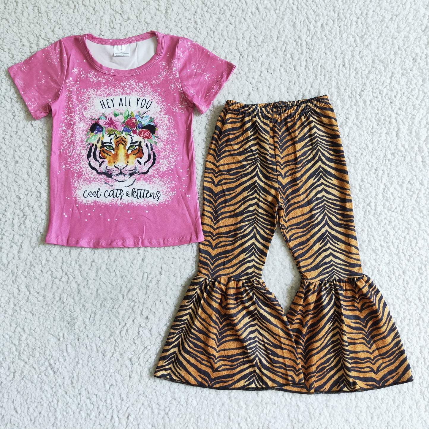 promotion price B11-14 tiger print pink leopard short sleeve bell bottom pant girl outfit 0809 RTS