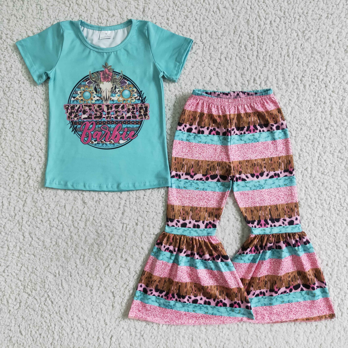 GSPO0150 0719 RTS leopard butterfly short sleeve super star bell bottom heart print pants girl outfit