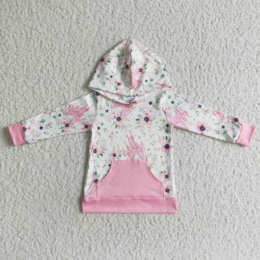 Promotion RTS GT0011 pink beautiful castle long sleeve girl top hoodie sweater kids girl clothes 0716