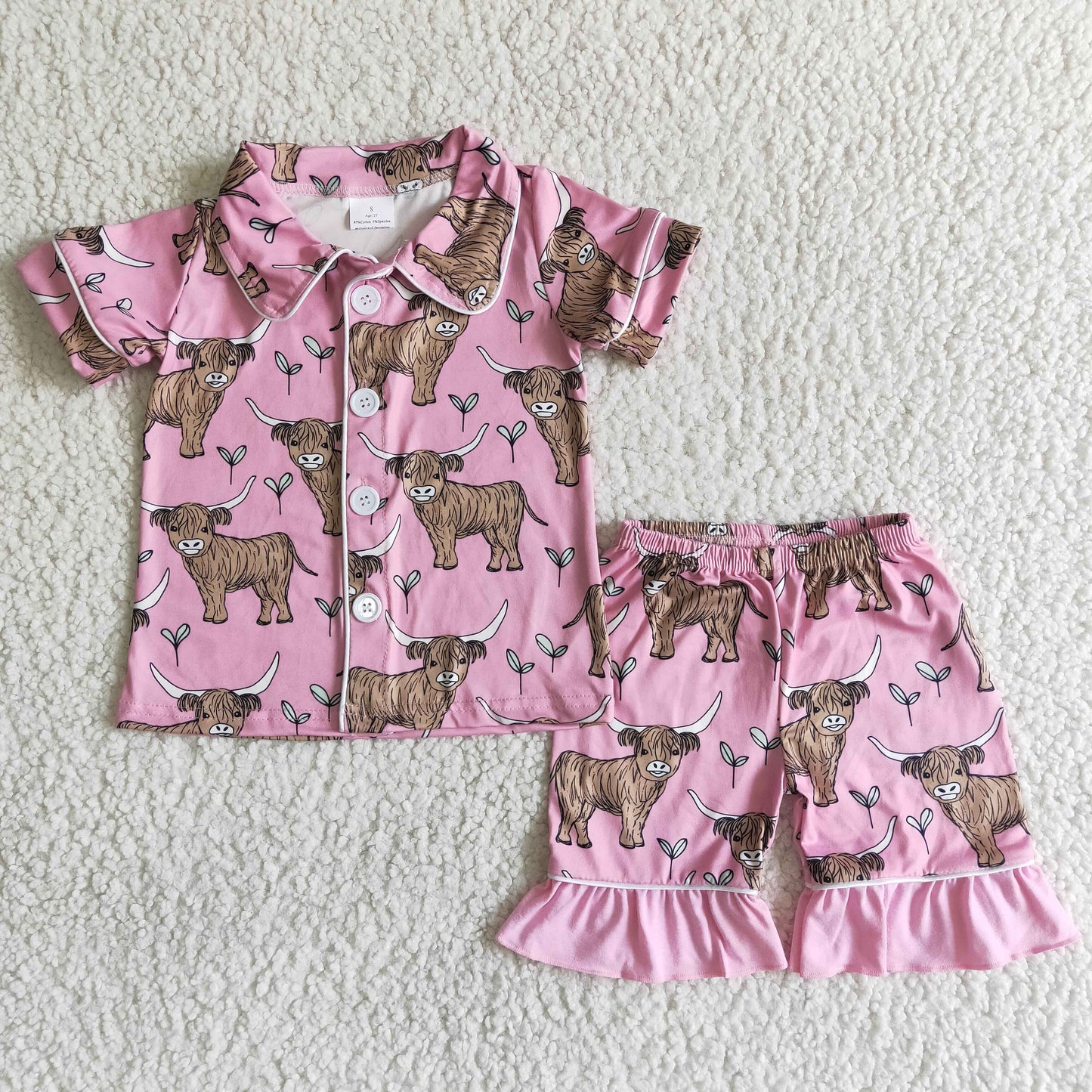 B11-28 RTS collar button pink yak cow short sleeve shorts short sleeve girl pajamas outfit 20230417