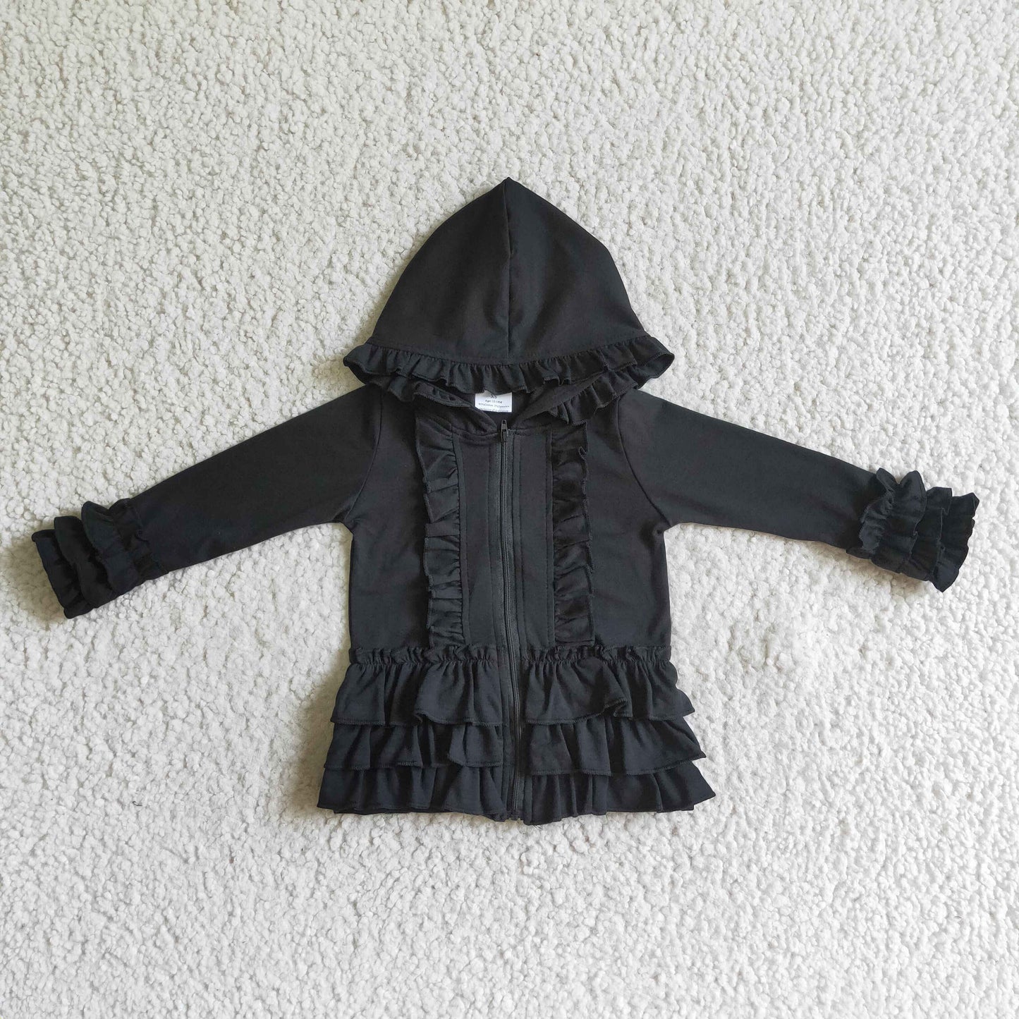 GT0016 black Ruffle print zipper design LONG sleeve hoodie loose kids coat RTS