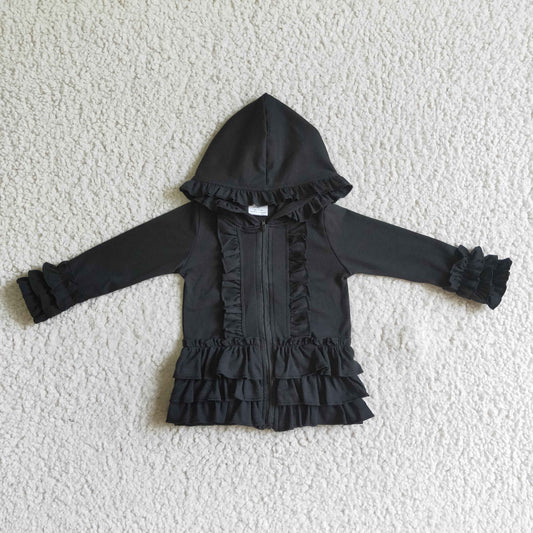 GT0016 black Ruffle print zipper design LONG sleeve hoodie loose kids coat  RTS