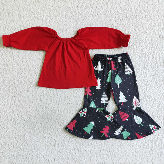 promotion 6 A24-5 RTS red flare long sleeve off shoulder top Christmas tree bell bottom outfit girl clothes  RTS