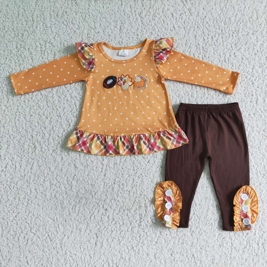 RTS EMBROIDERY orange football turkey long sleeve  brown ruffle pants Thanks giving girl outfit 0806