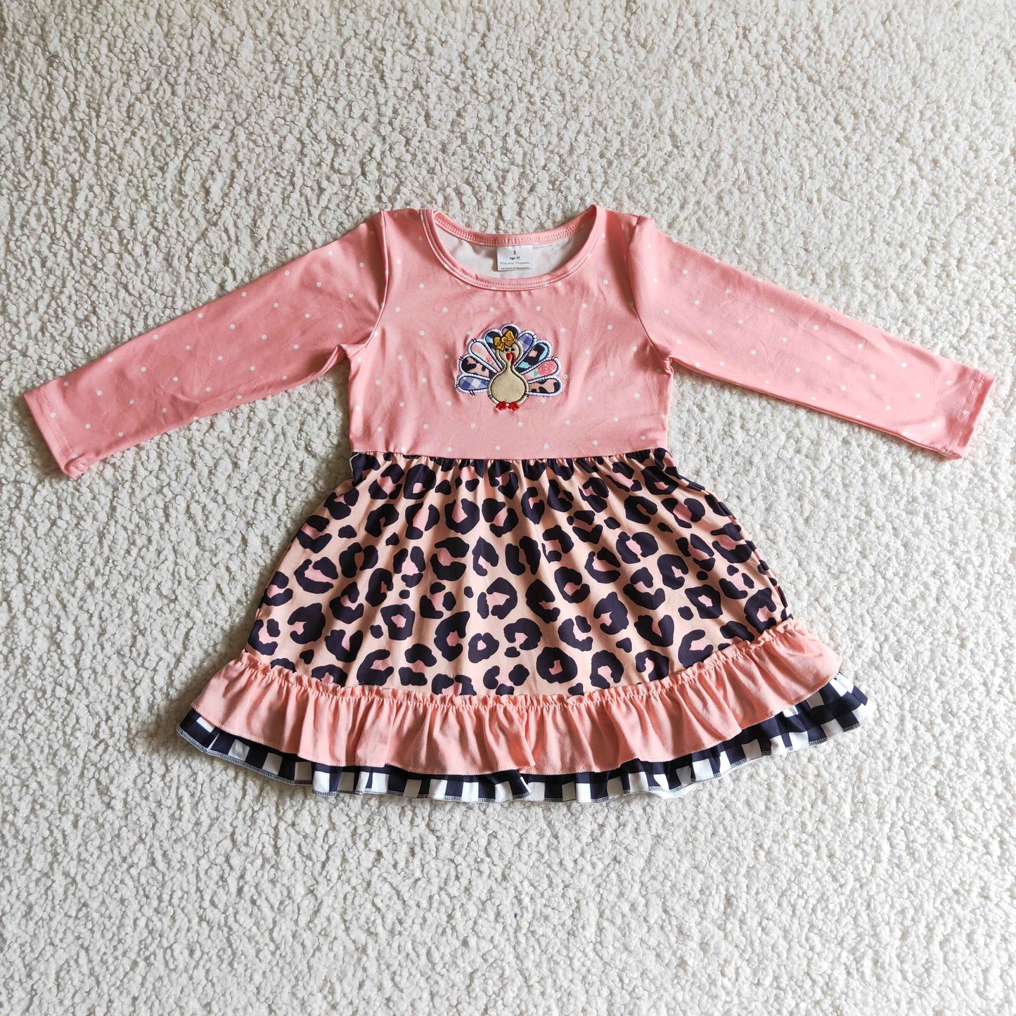 0927 embroidered pink turkey long sleeve leopard girl dress thanksgiving