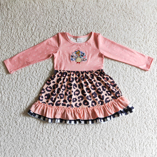0927 embroidered pink turkey long sleeve leopard girl dress thanksgiving