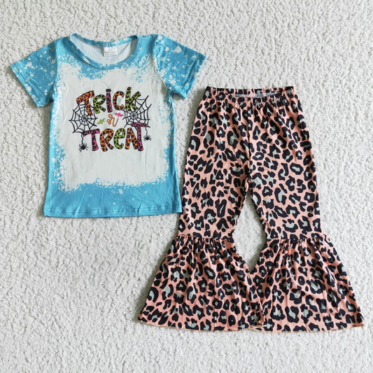 promotion RTS A0-24 vest 0802 RTS blue halloween trick or treat leopard print short sleeve bell bottom pant girls outfit