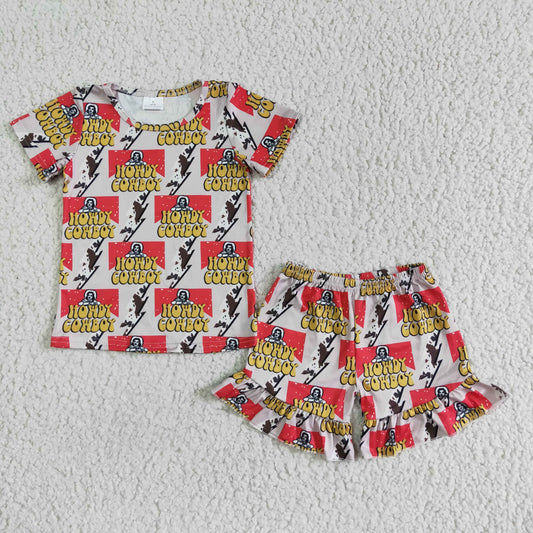 GSSO0119 RTS western designs howdy cowboy print yellow red top baby girl pajamas outfit  0601