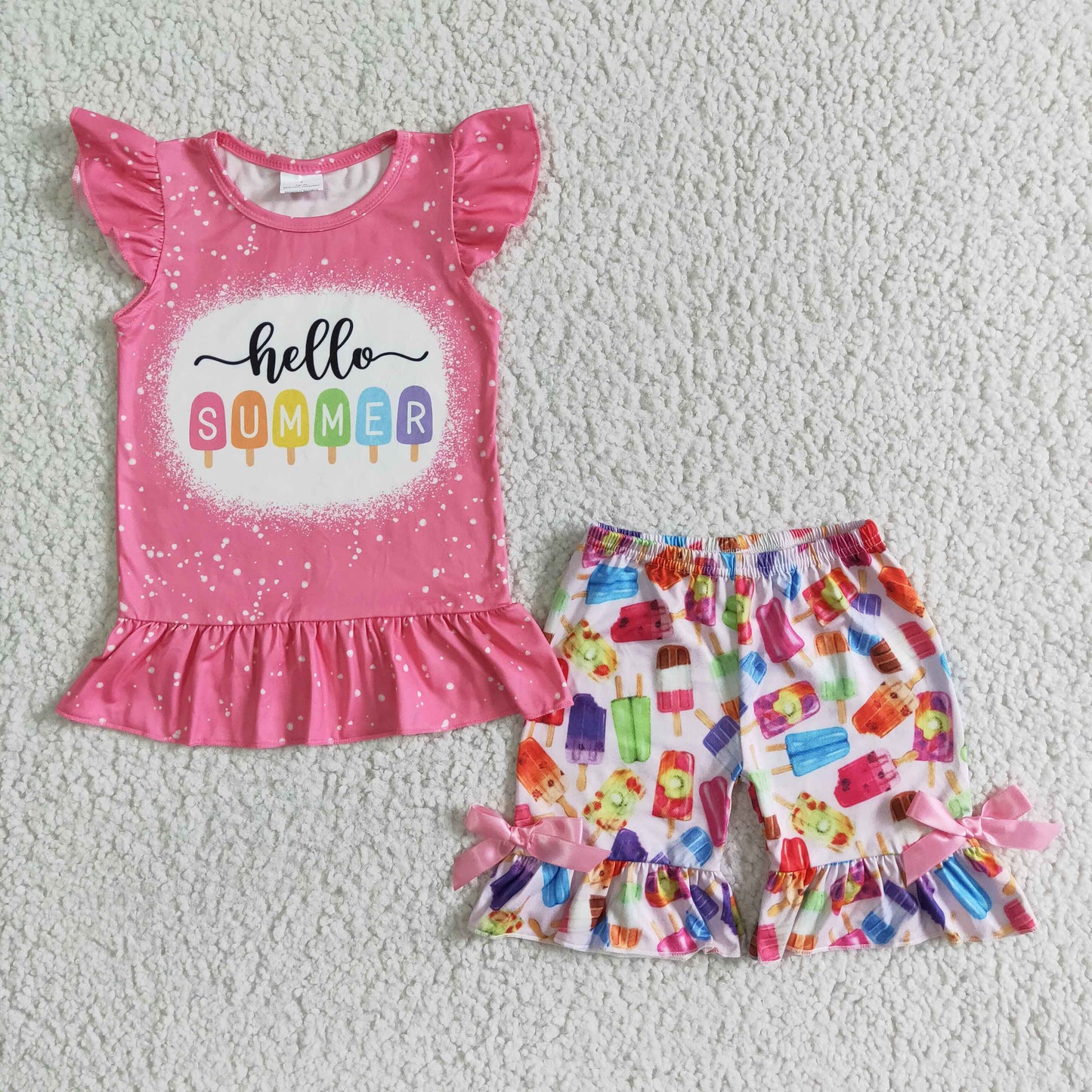 promotion RTS D10-11 Hello summer pink puffy top colorful ruffles short pants set 0531