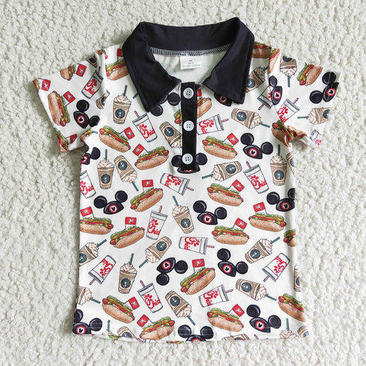 BT0021 chick drinks hotdog mouse print boy short sleeve collar shirt top RTS 0623