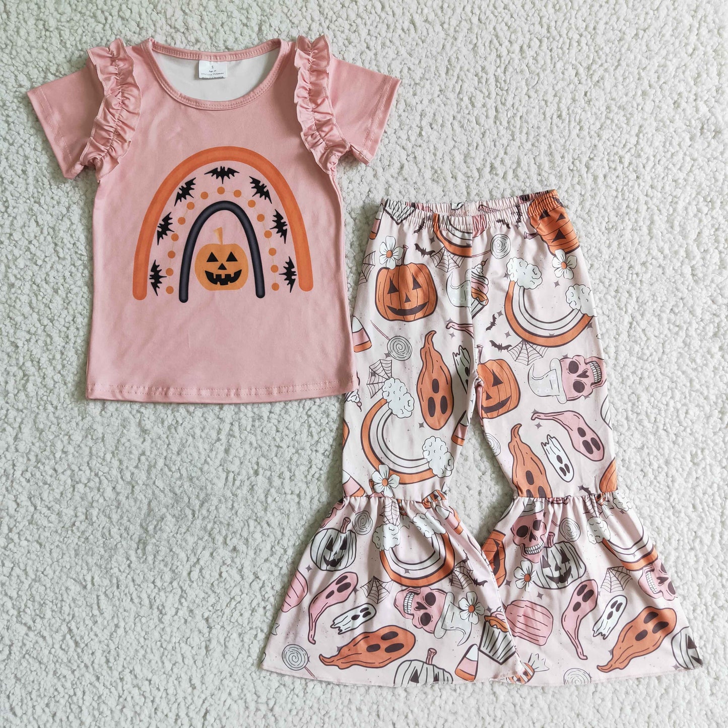 promotion RTS GSPO0098 pink ruffle shrot sleeve top orange pumpkin rainbow bell bottom pants girl outfit 0725HO