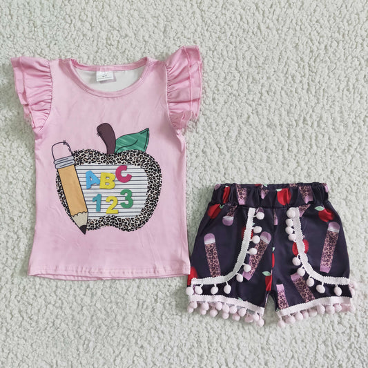 GSSO0116 RTS ABC letters back to school pencil apple pink puffy short sleeve pompon shorts girl outfit 0528