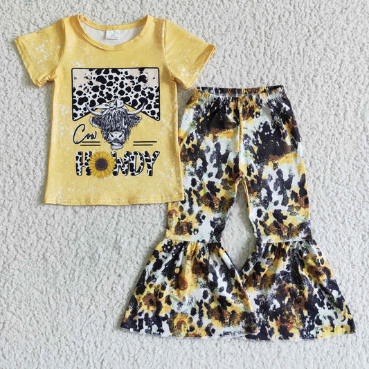 GSPO0081 RTS yellow cow leopard howdy sunflower short sleeve bell bottom girl outfit real pic 0629