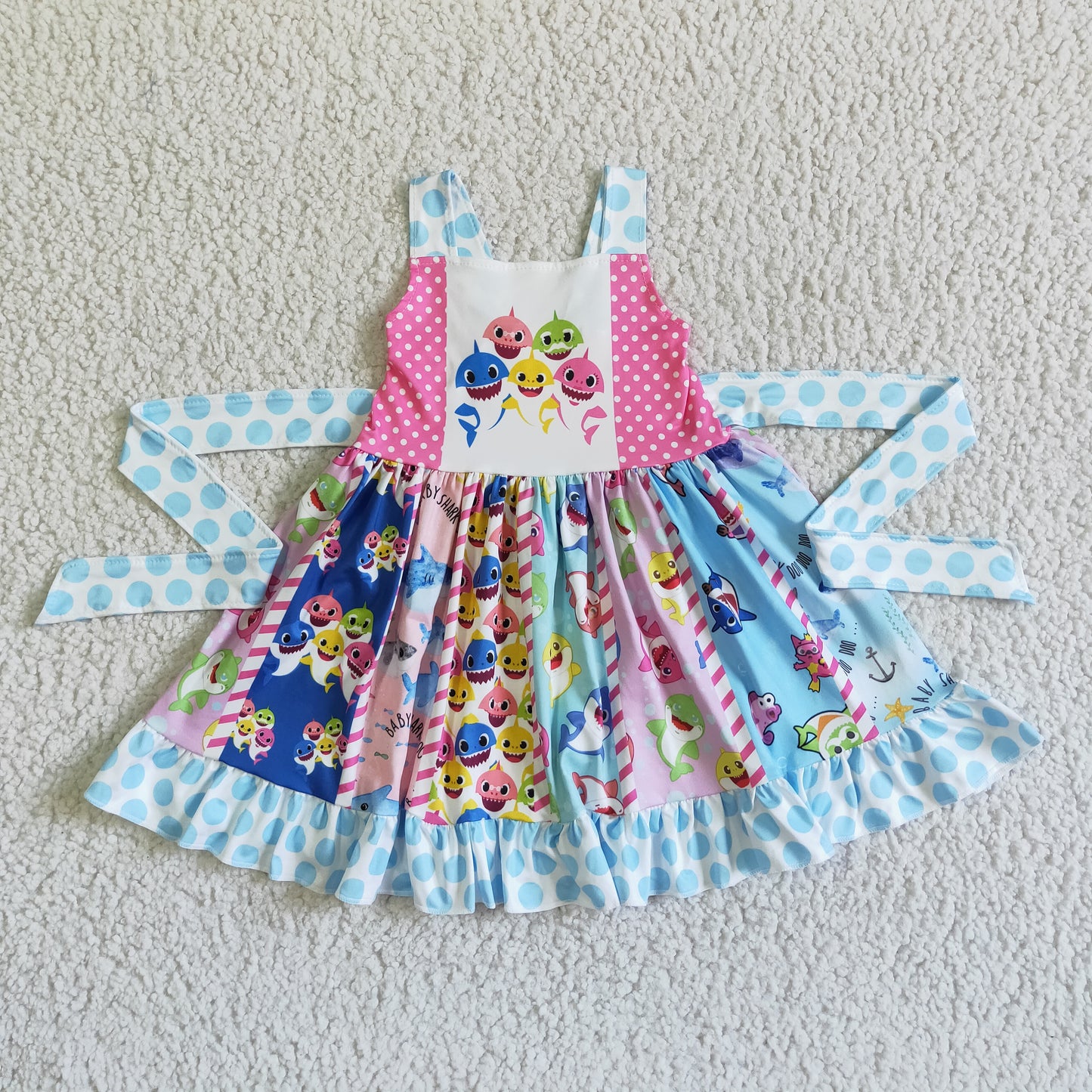 promotion RTS A10-23- cartoon fish blue dot belt patchwork belt sleeveless dress 0624 RTS