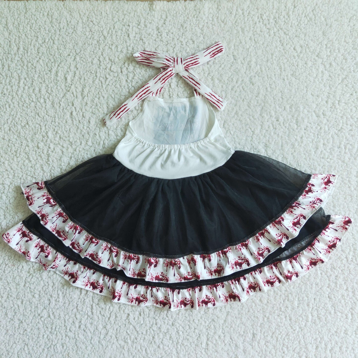0822 RTS black ruffle red bow cartoon white head three women girl dress halloween