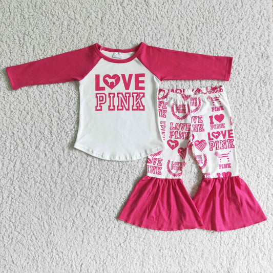Pink girl love long sleevlonge bell bottom pants outfit RTS 0609