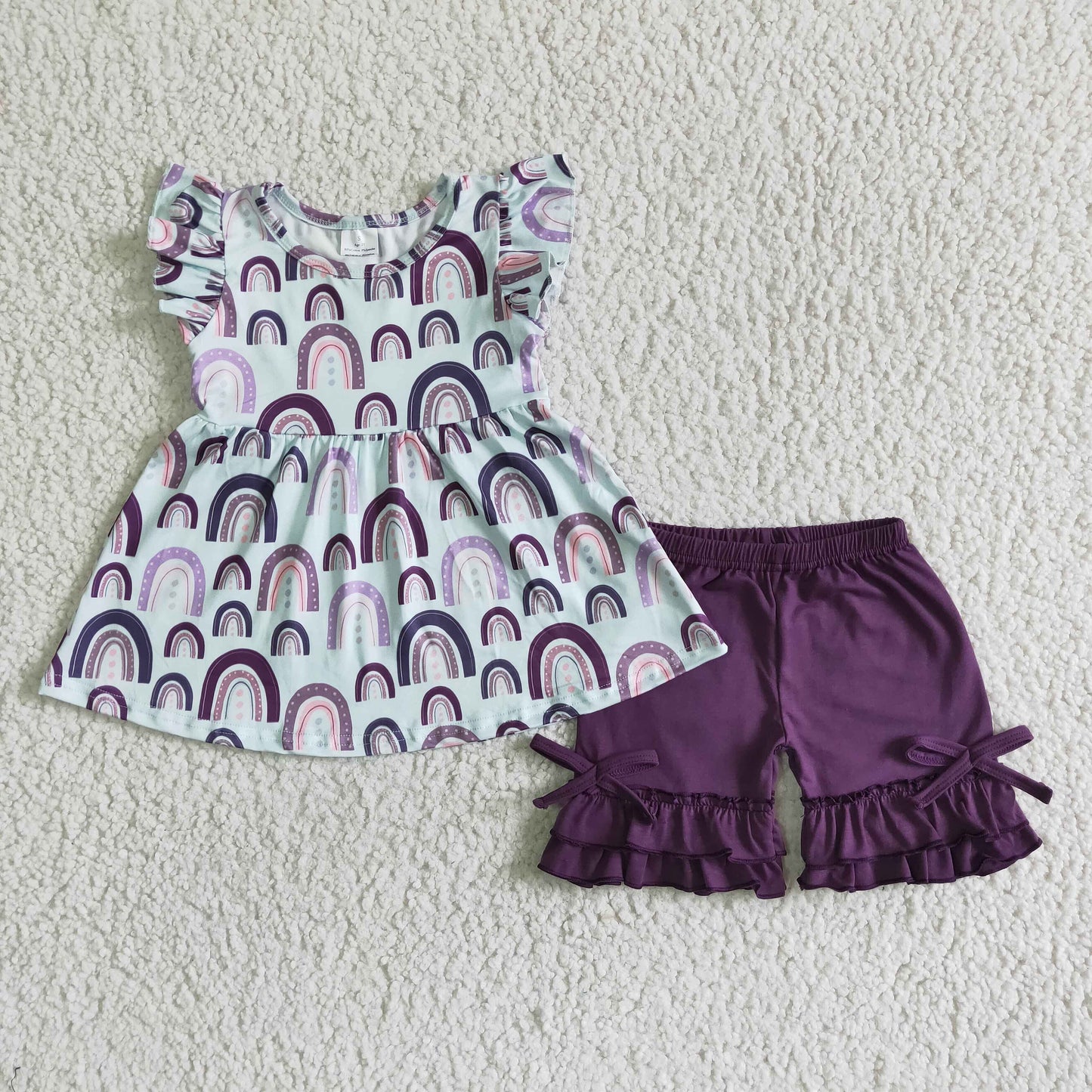rainbow purple flutter ruffles short sleeve shorts girl outfits 0404