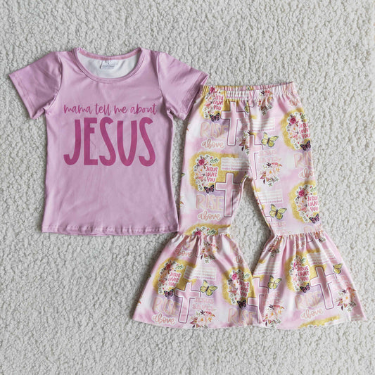 promotion mama tell me pink girl cross flower short sleeve bell bottom pants outfits