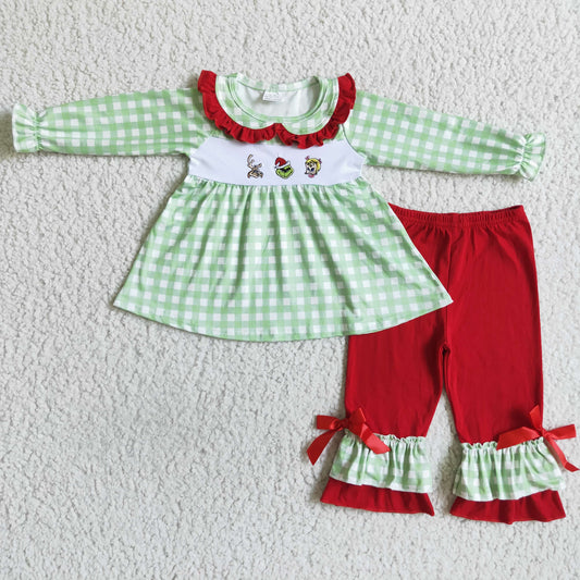 RTS GLP0033 embroidery Christmas  cartoon green plaid cartoon print dress top long sleeve red pants girl outfit 20230811