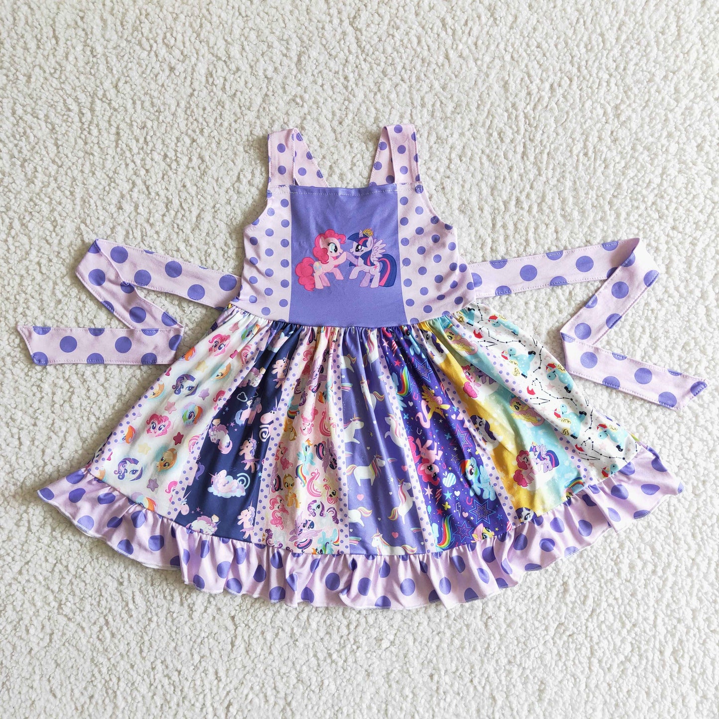 purple white dot horse cartoon patchwork belt sleeveless dress