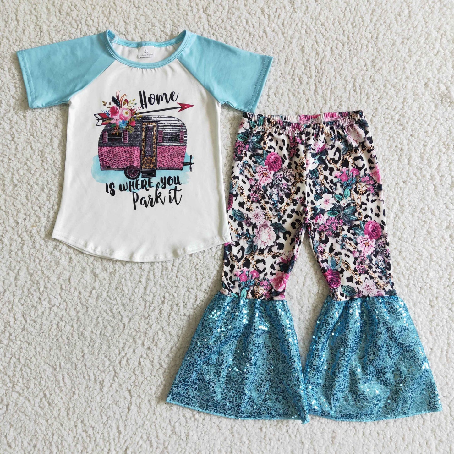 home is where you park it raglan car girl short sleeve floral blue sequin bell bottom outfit 0404