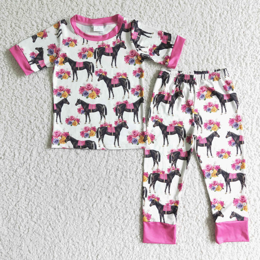 RTS baby western horse pink flower cowboy short sleeve boy outfit pajamas 0729