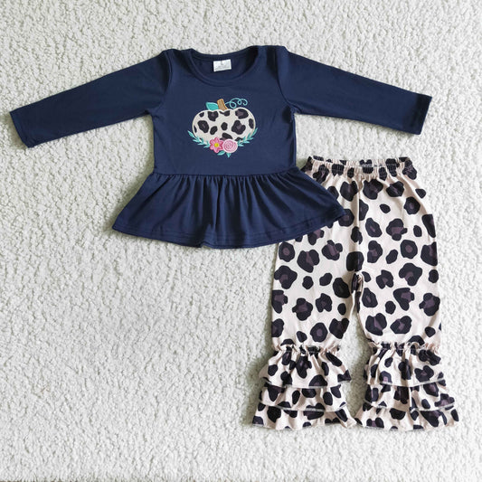 RTS 0728 halloween blue long sleeve leopard embroidery pumpkin flower ruffle pants girl outfit