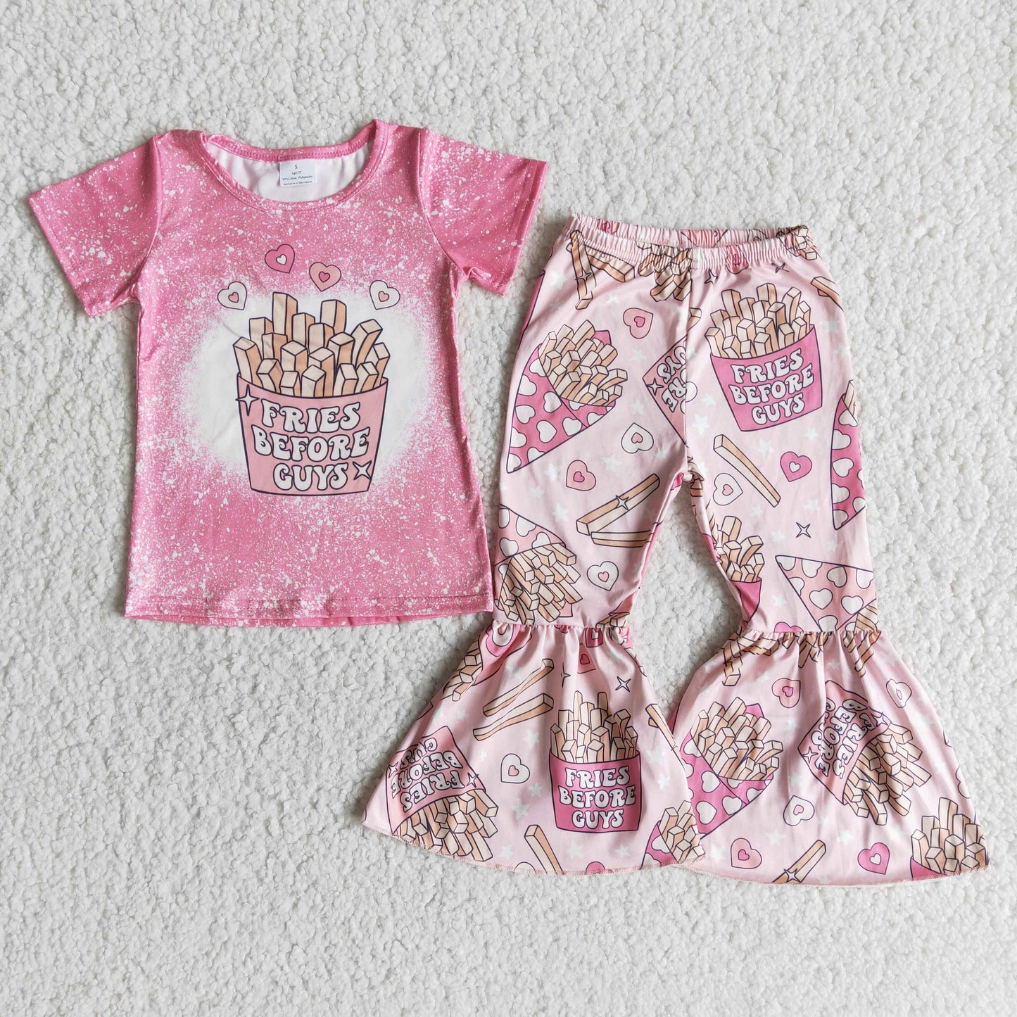 pink love FRIES BEFORE letters food chips girl short sleeve bell bottom outfit 0108