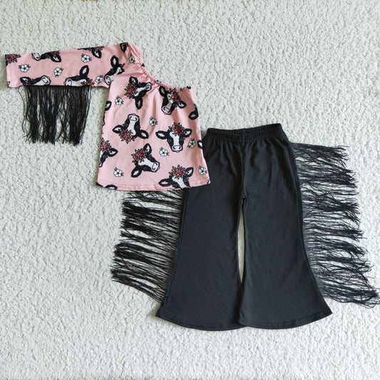 PROMOTION PRICE  GSPO0140 RTS one sleeve cow flower pink black tassel pants girl clothes outfit