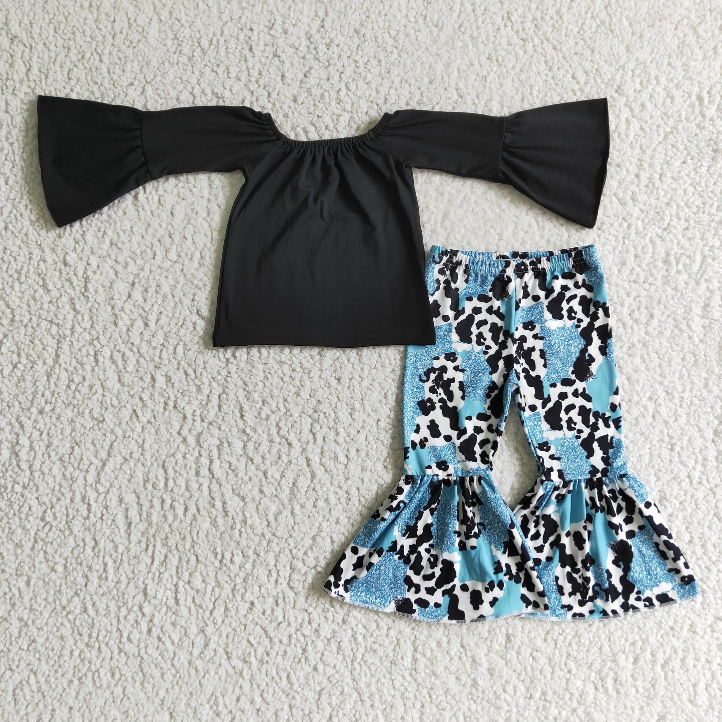 off shoulder flare short sleeve leopard black bell bottom girl outfit 0922 RTS