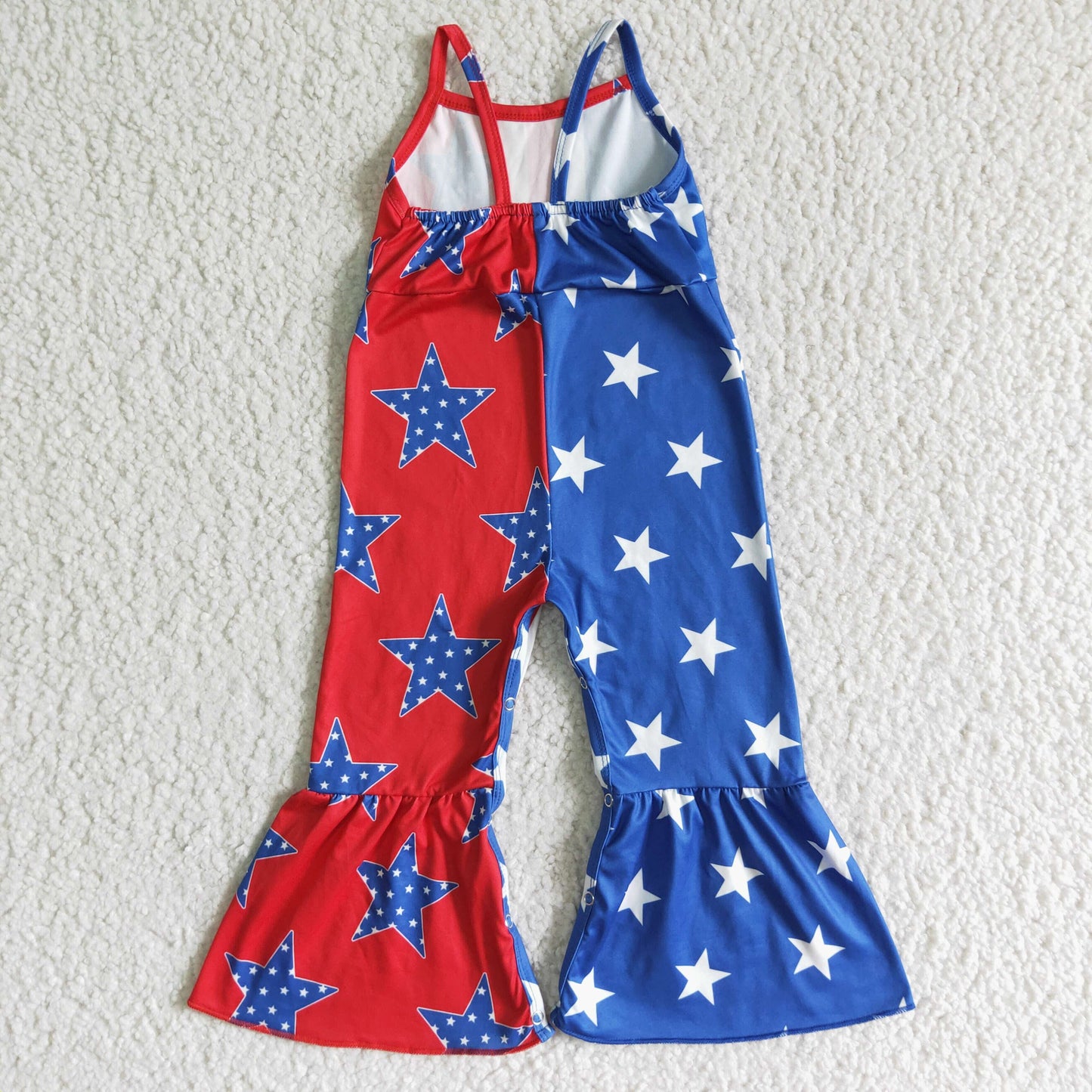 SR0058 RTS 4th July American national Day blue red stars bell bottom overall shoulder sling jumpsuit real pic 0531